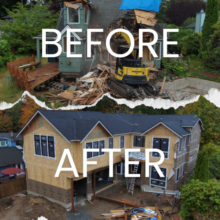 Before-and-after collage — original home vs in progress custom build.