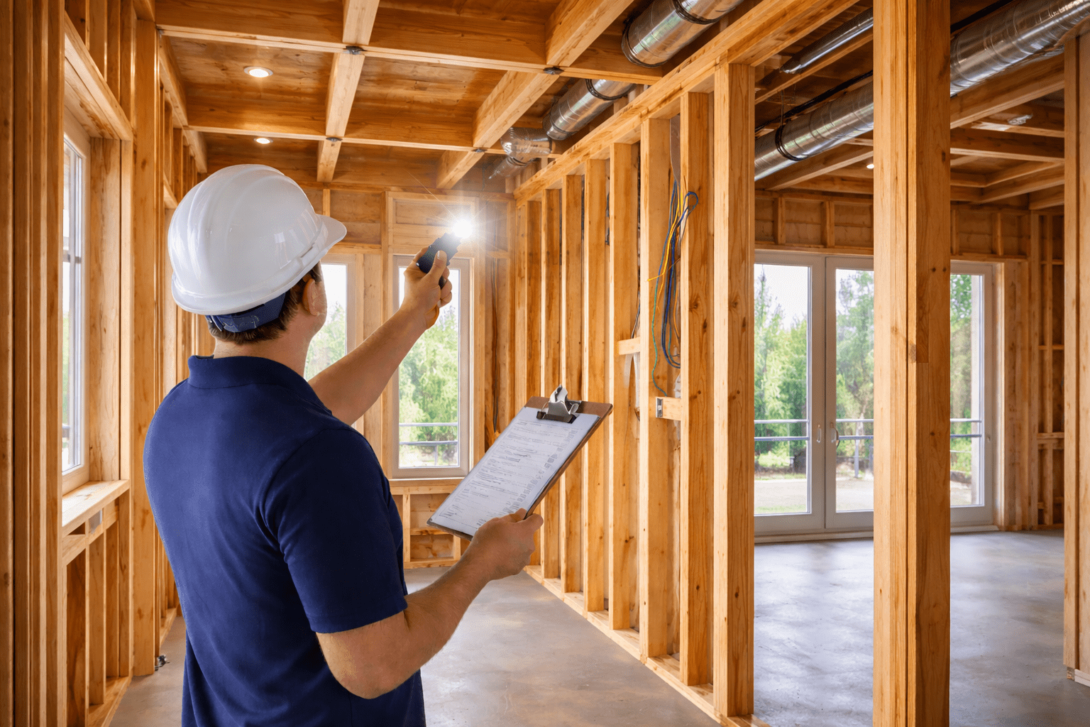 Construction inspector reviewing framing and systems inside a high-end new home under construction in Bellevue