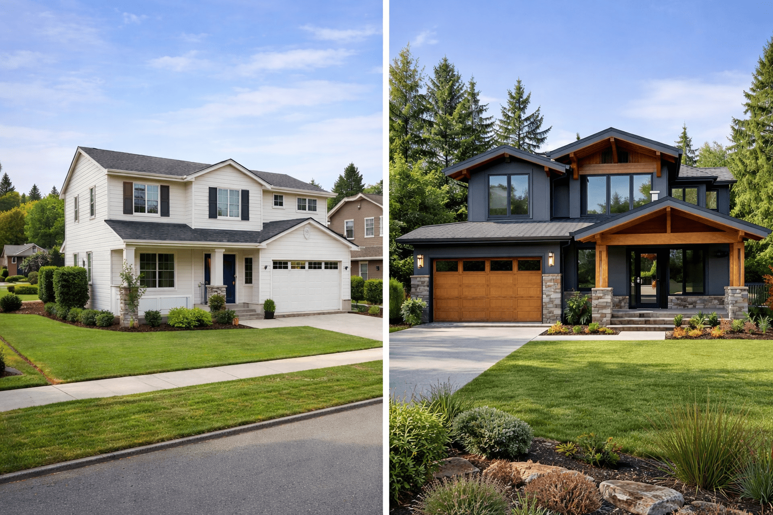 Side-by-side view of a spec home and a custom home in a Bellevue residential neighborhood