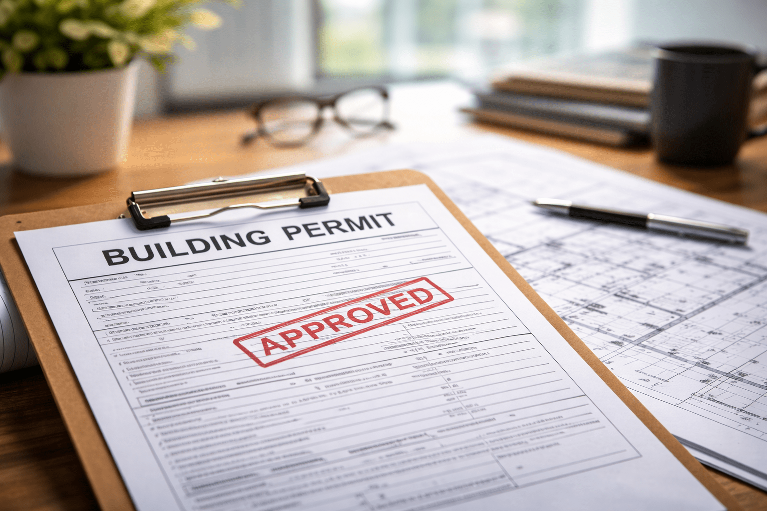 Building permit documents on a desk during the review process for a custom home