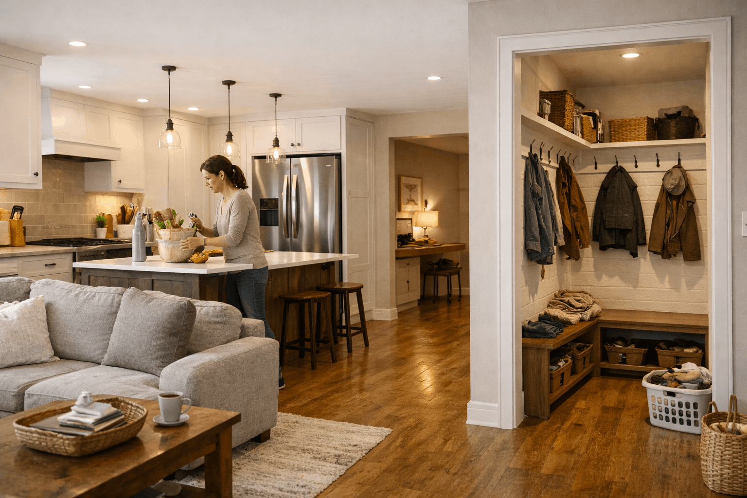 Open-plan custom home interior with kitchen, living area, and mudroom designed for everyday routines