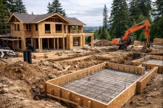 Custom home under construction showing foundation work and framing in progress