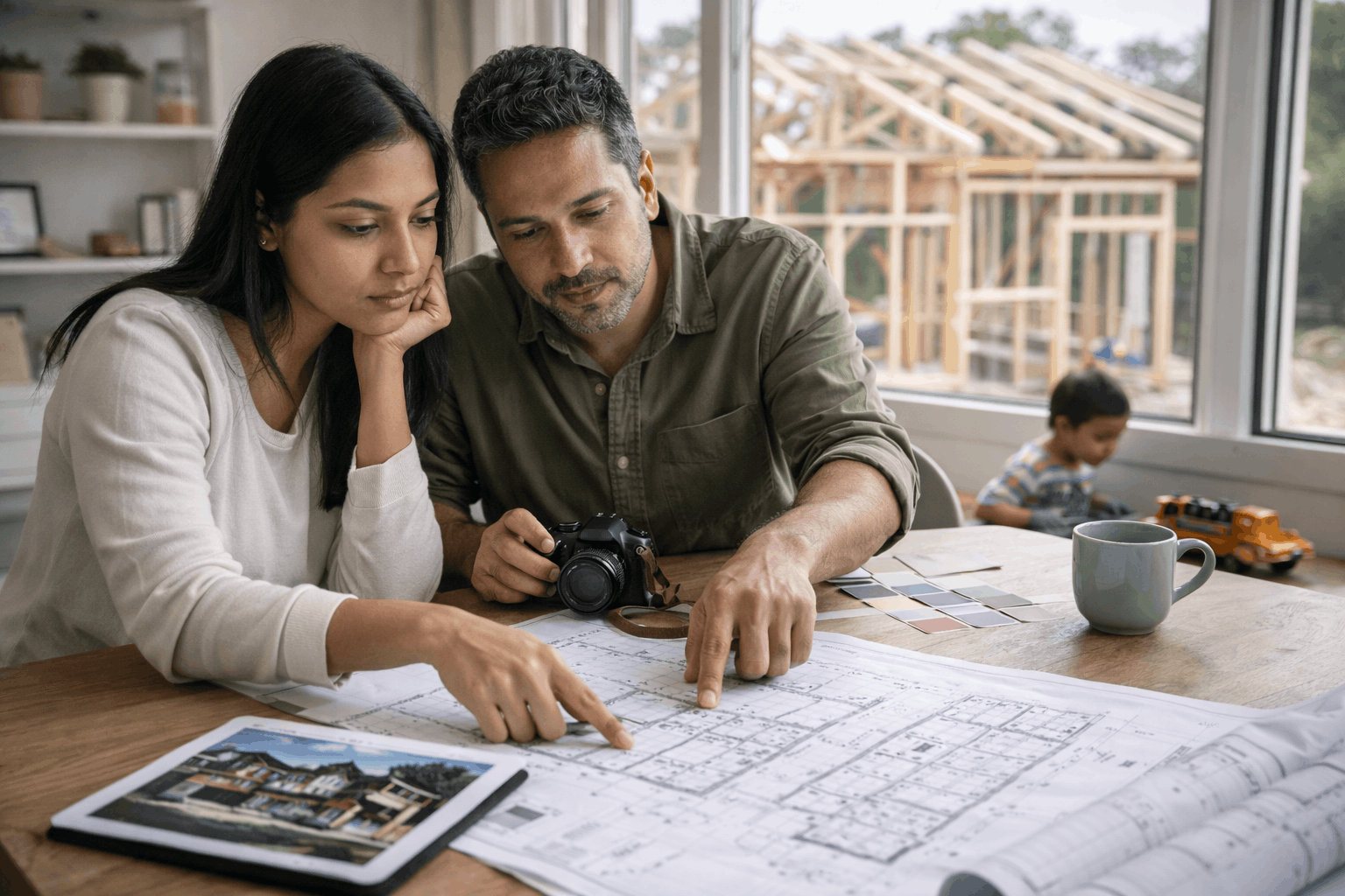 Couple reviewing custom home plans at home while evaluating a future build