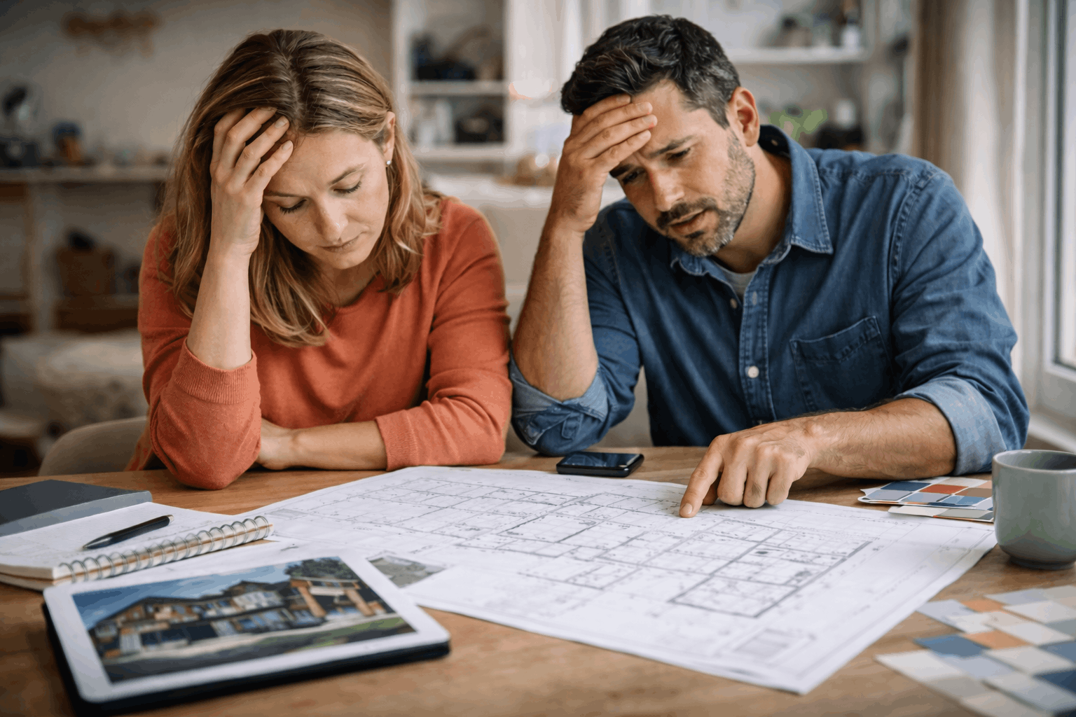 Couple reviewing custom home plans at home during the planning process
