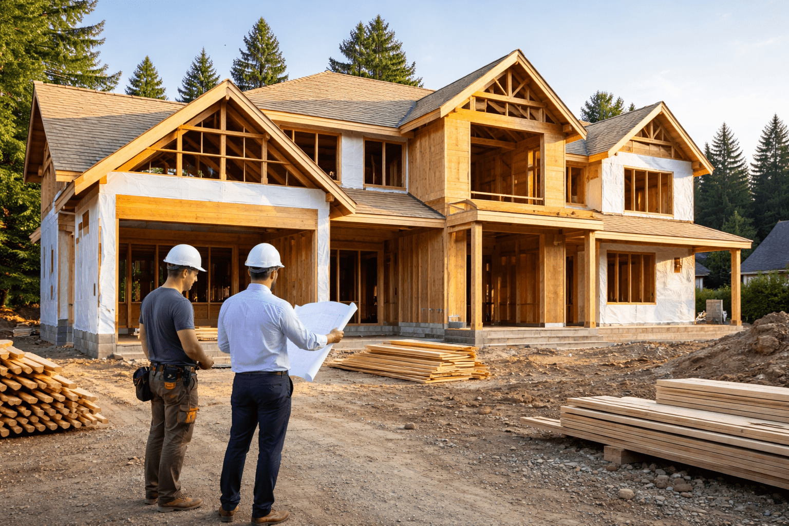 Custom home under construction with architect and builder reviewing plans on site